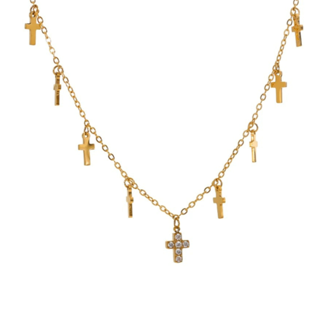 collar de cruz, zirconia cúbica, oro 18k PVD, joyería elegante, Luz Divina, regalos para mujer, collar ajustable, joyas hipoalergénicas, accesorios con significado
