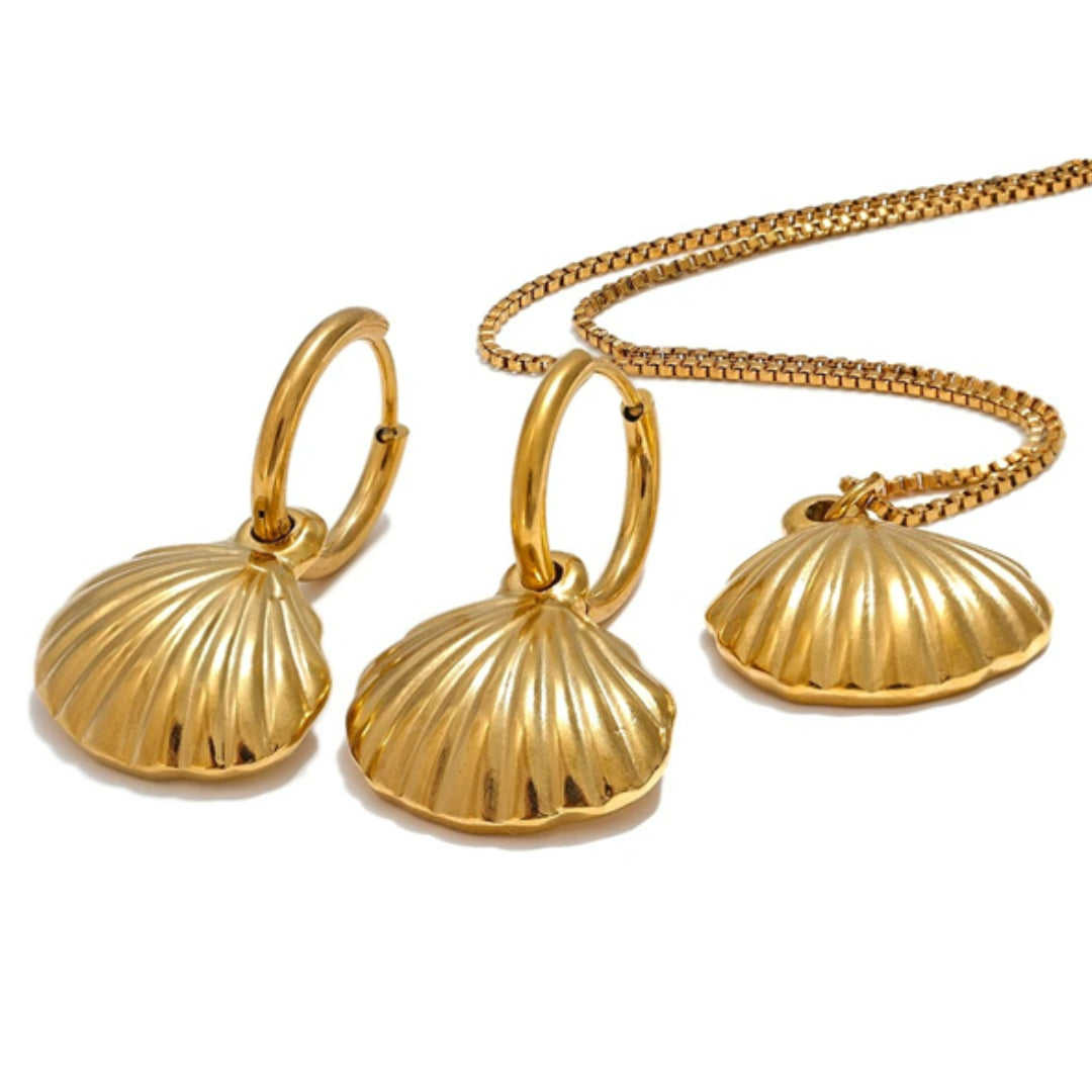 conjunto de joyas mujer, aretes y collar dorados, acero inoxidable dorado, joyas impermeables, conjunto para verano, moda mujer, Lenora Jewelry