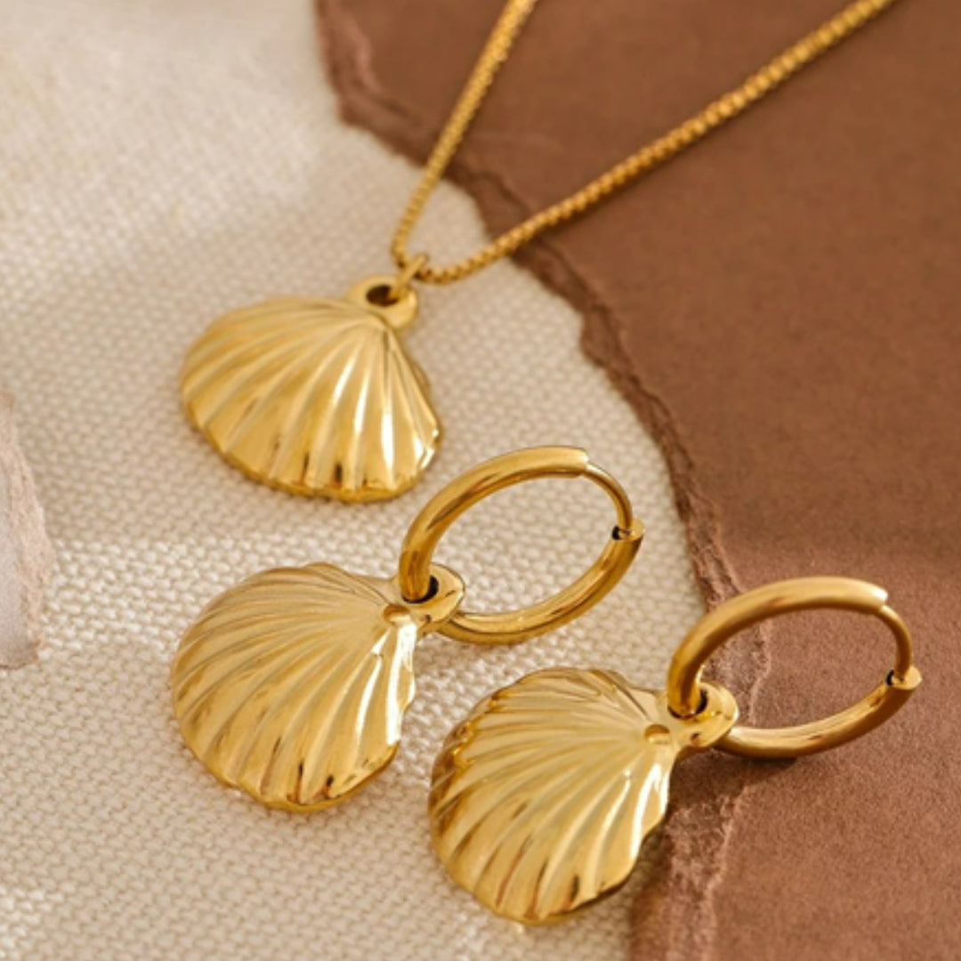 conjunto de joyas mujer, aretes y collar dorados, acero inoxidable dorado, joyas impermeables, conjunto para verano, moda mujer, Lenora Jewelry