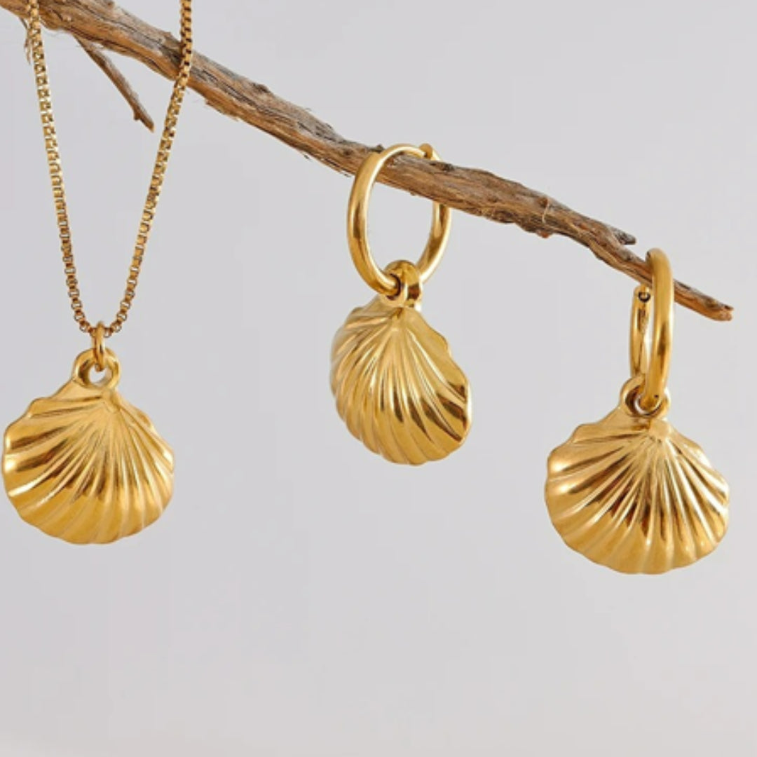 conjunto de joyas mujer, aretes y collar dorados, acero inoxidable dorado, joyas impermeables, conjunto para verano, moda mujer, Lenora Jewelry
