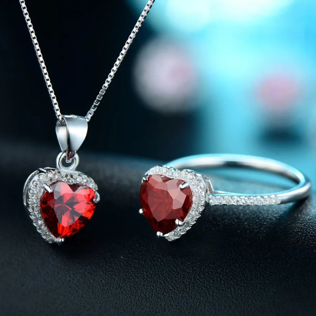 Conjunto de Joyería Corazones, Anillo Rojo, Collar con Colgante de Cristal, Joyería para Regalos, Joyería de Corazones