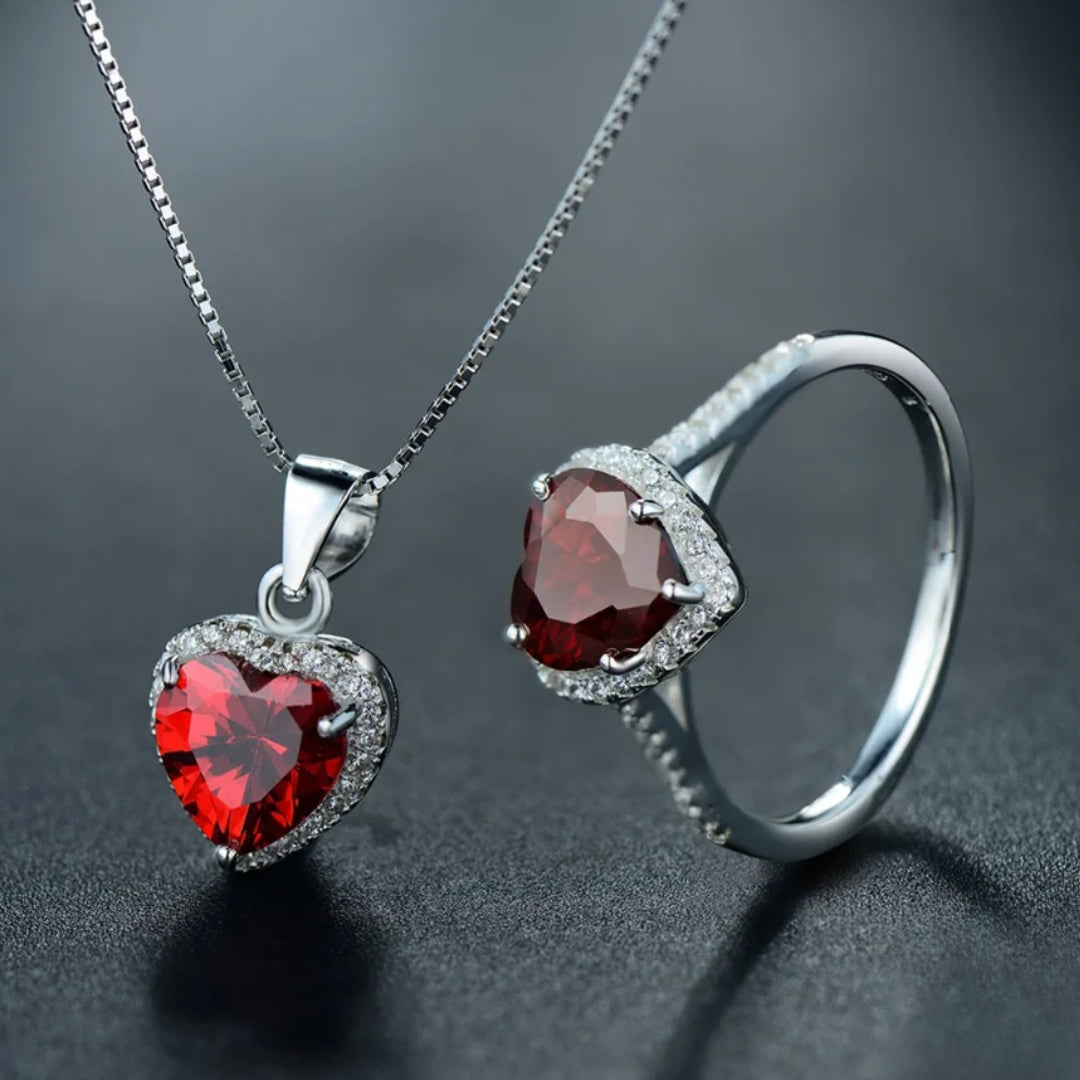 Conjunto de Joyería Corazones, Anillo Rojo, Collar con Colgante de Cristal, Joyería para Regalos, Joyería de Corazones