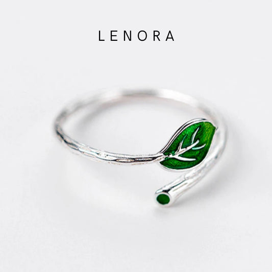 Enchanted Forest Green Enamel Leaves Silver Ring