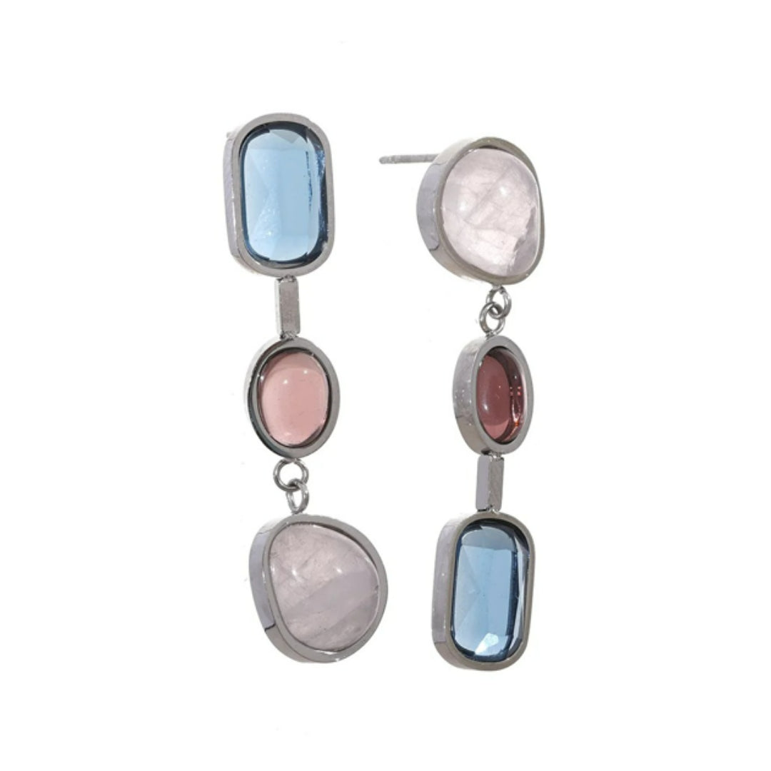 Pendientes Aurora Pétrea en acero oro 18k con piedras naturales, Detalle piedras naturales y circonitas cúbicas, Diseño geométrico ajustable pendientes Aurora Pétrea – lenorajewelry.com/pendientes-aurora-petrea-acero-oro-18k, 

