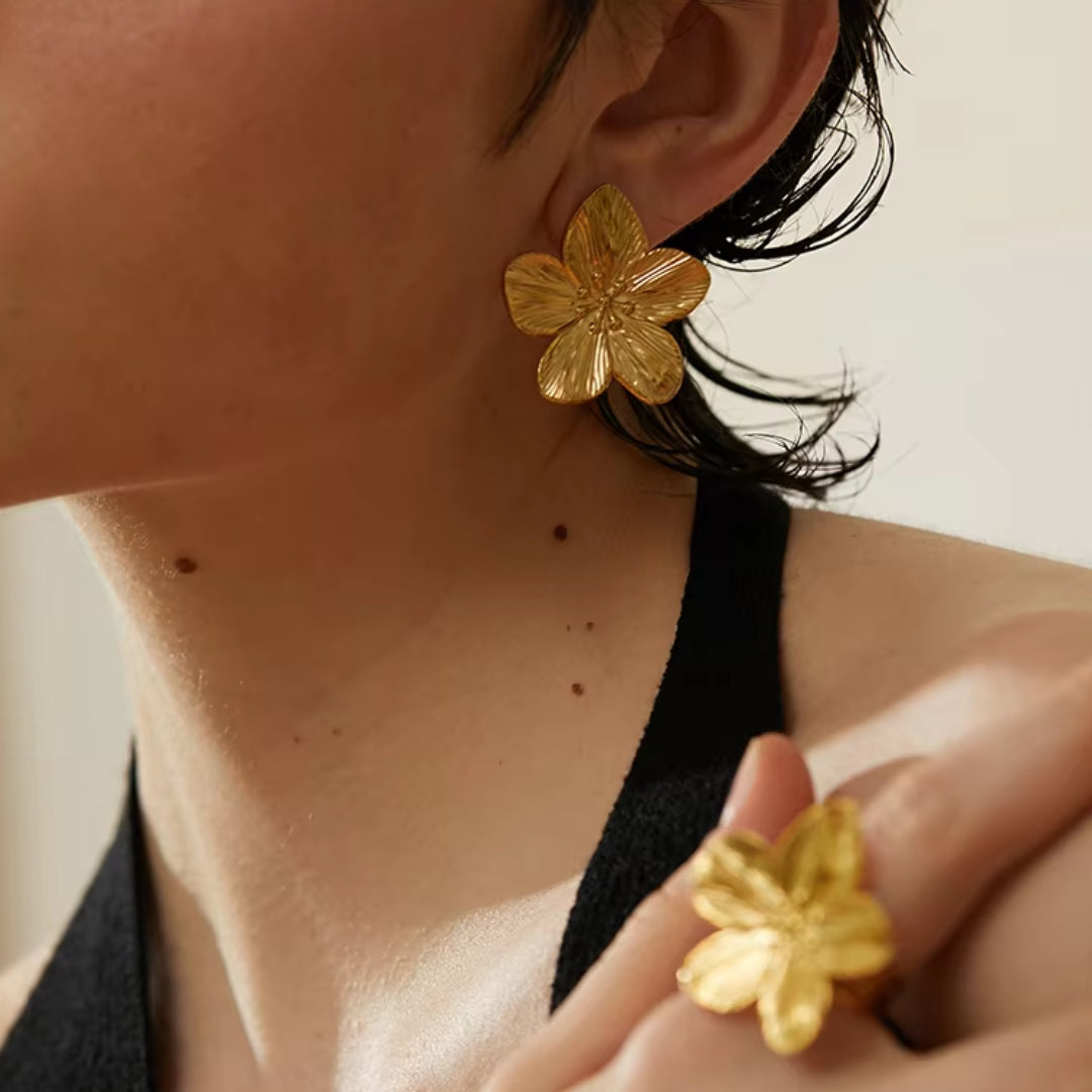 pendientes, florales, oro, real, inoxidable, elegante, moda, Eternal Glamour, accesorios

