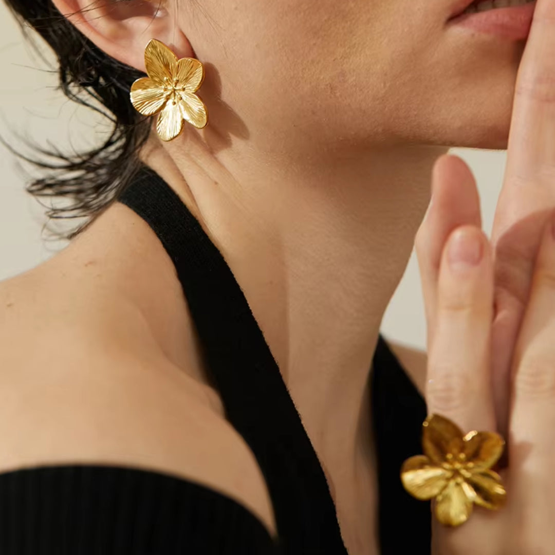 pendientes, florales, oro, real, inoxidable, elegante, moda, Eternal Glamour, accesorios

