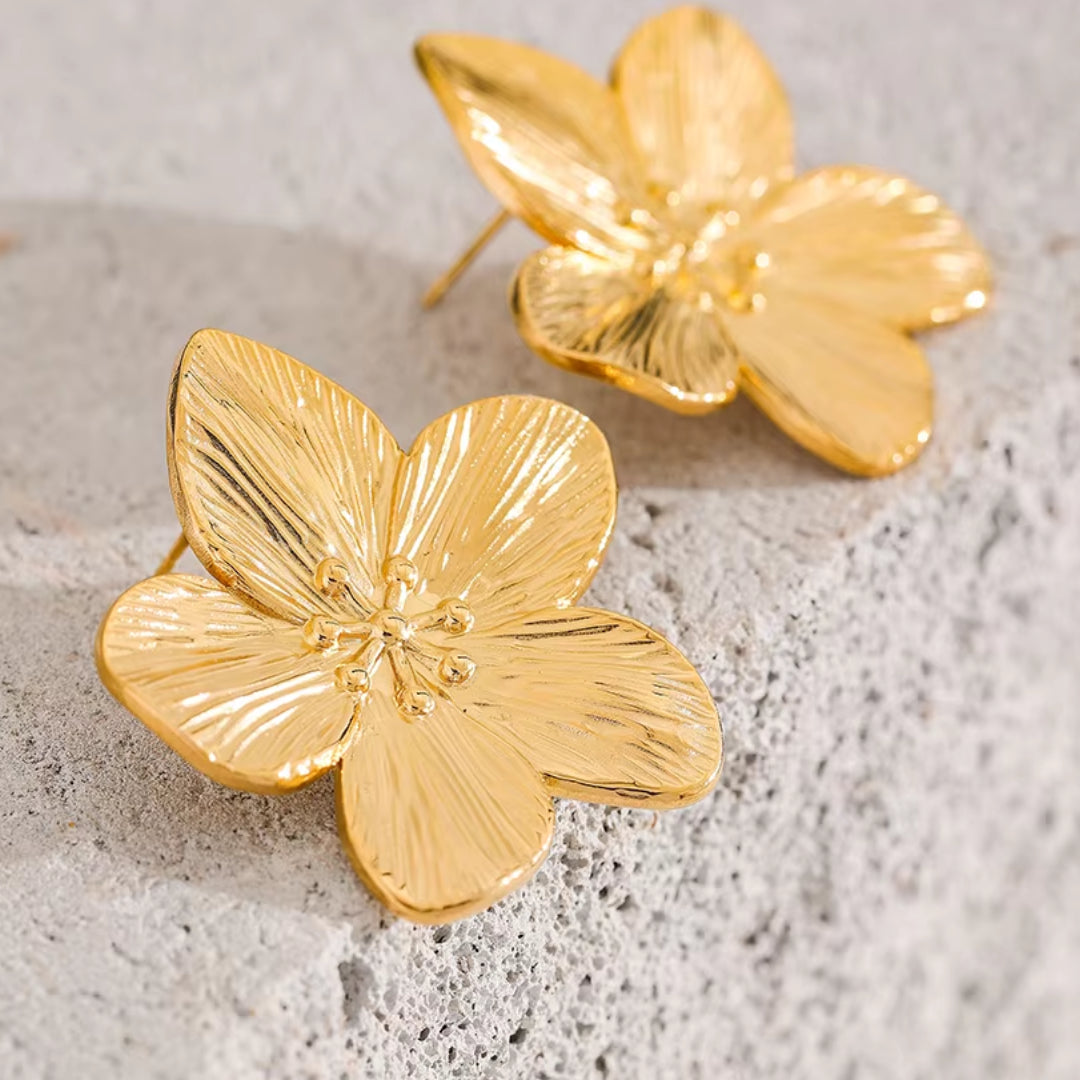 pendientes, florales, oro, real, inoxidable, elegante, moda, Eternal Glamour, accesorios

