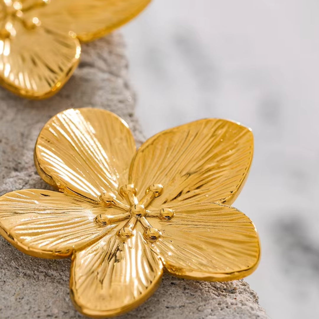 pendientes, florales, oro, real, inoxidable, elegante, moda, Eternal Glamour, accesorios

