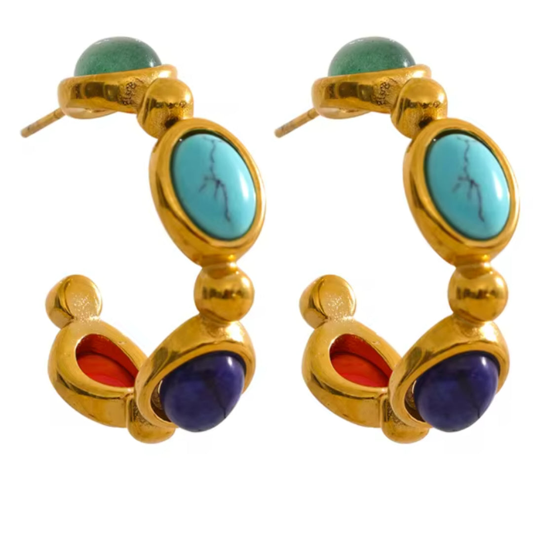 pendientes vintage, acero inoxidable, piedras naturales, turquesa, ágata, lapislázuli, joyería de moda, pendientes de aro, aros chapados en oro, joyería de alta calidad