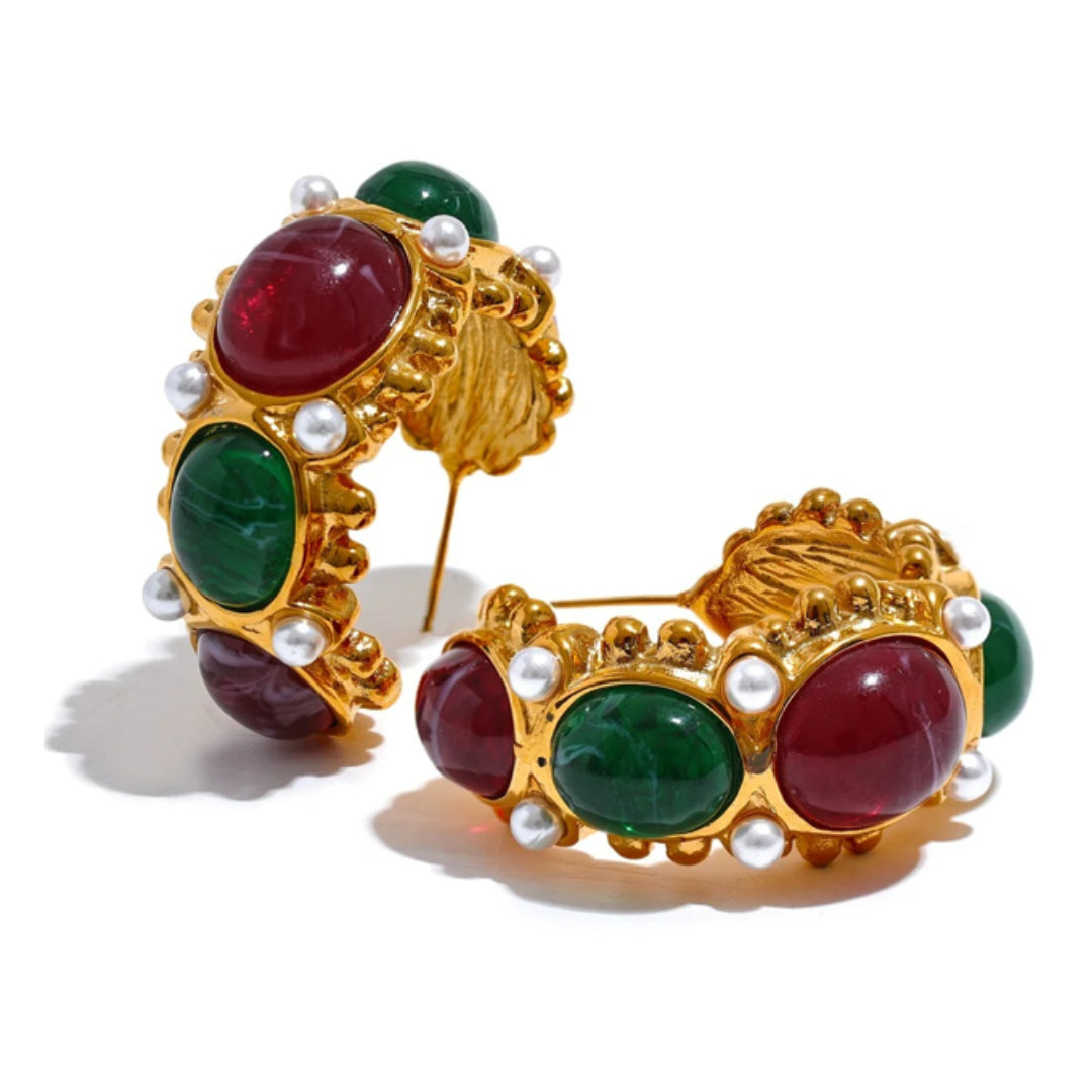 pendientes vintage, aros en forma de C, oro 18k, joyería francesa, Vintage Élan, bisutería dorada, accesorios con perlas, regalos elegantes, joyas con resina