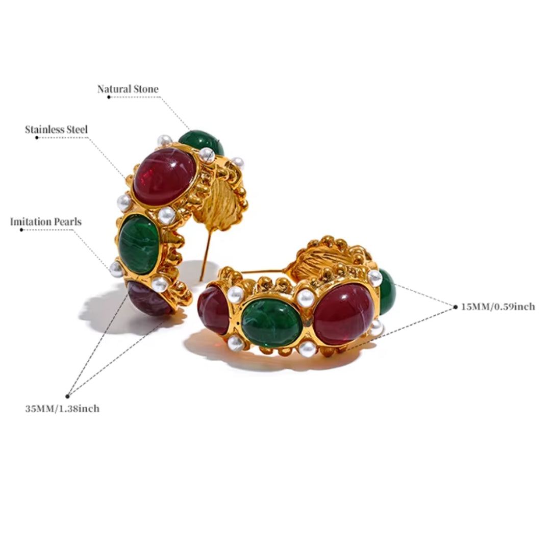 pendientes vintage, aros en forma de C, oro 18k, joyería francesa, Vintage Élan, bisutería dorada, accesorios con perlas, regalos elegantes, joyas con resina