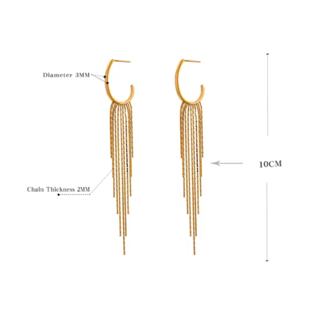 pendientes largos, acero inoxidable, baño de oro, PVD, joyería mujer, aretes colgantes, moda, accesorios, elegancia