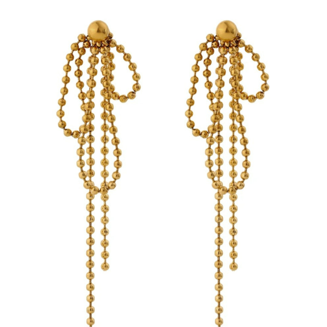 
https://lenorajewelry.com/pendientes-esfera-doradapendientes colgantes geométricos, pendientes dorados ligeros, joyería de acero inoxidable, pendientes modernos para mujer, aretes largos elegantes, accesorios femeninos sofisticados, pendientes de cuentas doradas, joyería resistente y elegante