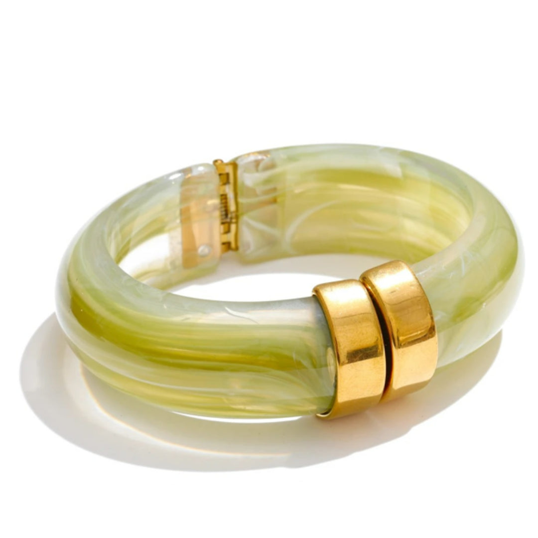Pulsera Arcoíris Sólido acrílico multicolor – lenorajewelry.com/pulsera-arcoiris-solido-acrilico, Joyas gruesas mujer 66mm acero oro 18k, Pulsera acrílico revestimiento platina verde-rosa