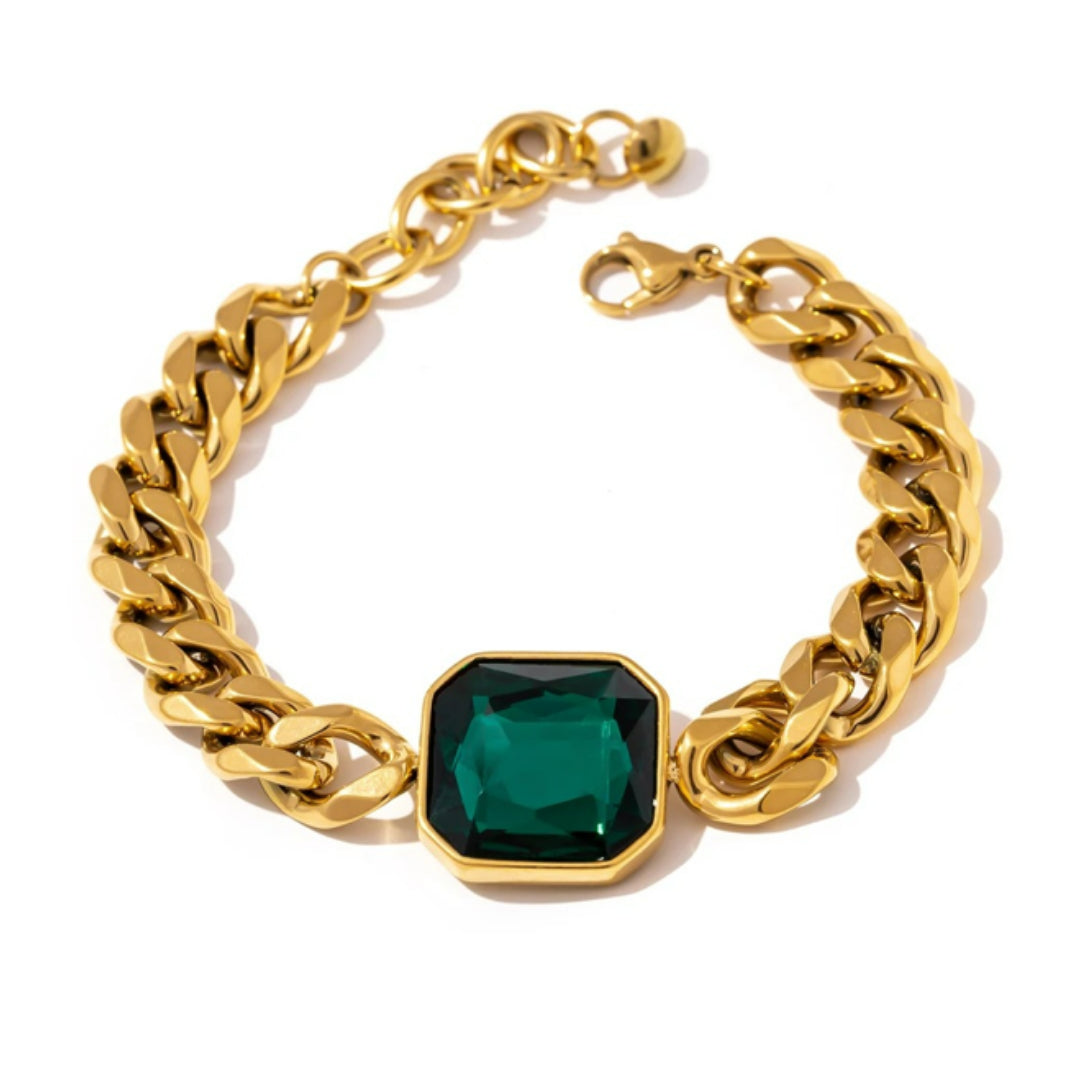 Pulsera Audaz Lenora de acero inoxidable con oro PVD – lenorajewelry.com/pulsera-audaz-lenora, Pulsera de cadena gruesa con cristales verdes, Joyería punk hip hop para mujer, pulsera dorada