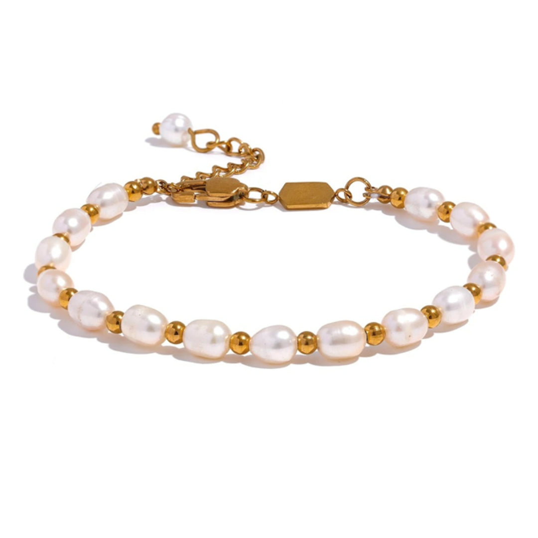 pulsera de perlas, perlas naturales, pulsera artesanal, joyas de verano, acero inoxidable, impermeable, elegante, baño de oro