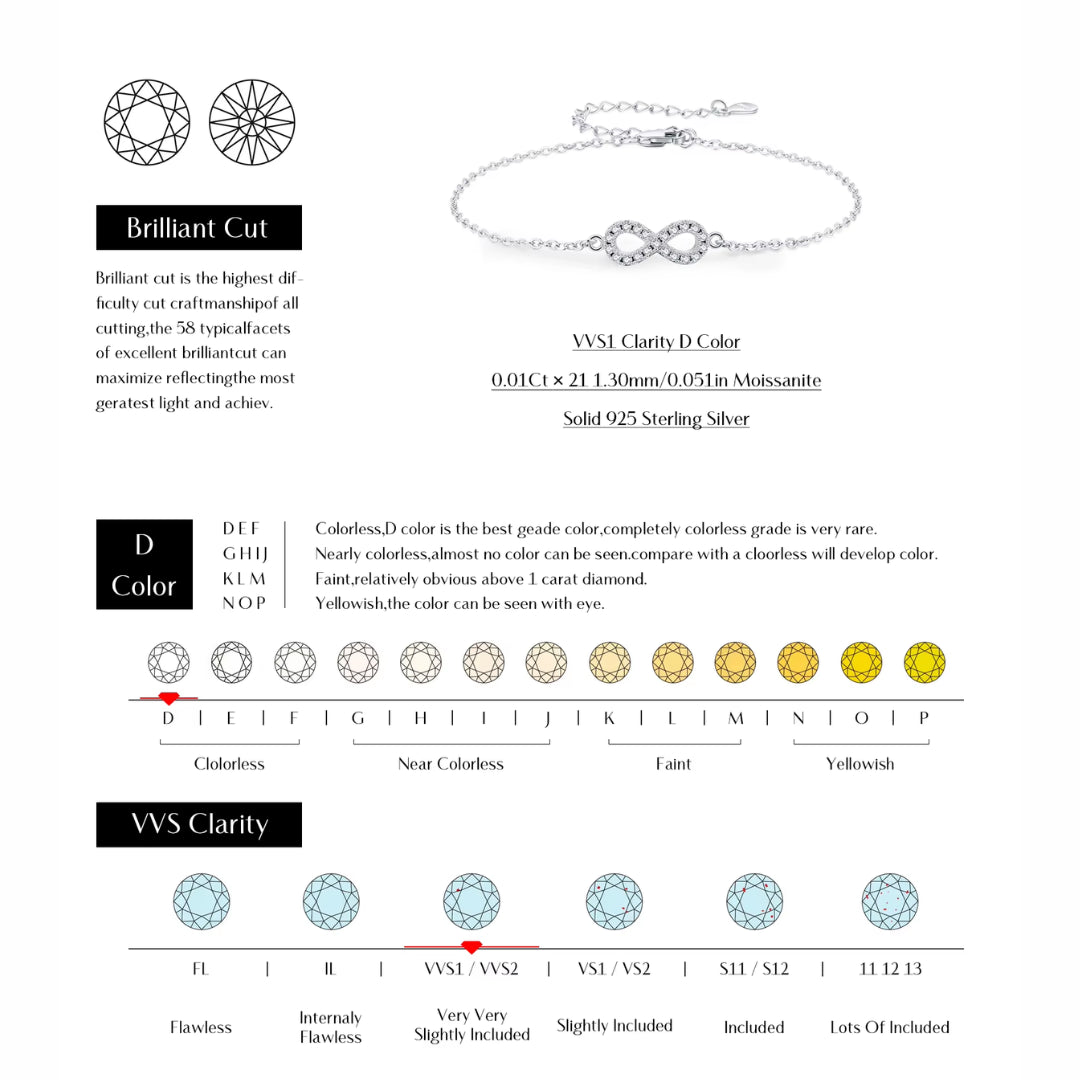 moissanite, joyería romántica, pulsera infinito, prata esterlina 925, regalo para ella, diamante de laboratorio, claridad VVS1, diseño personalizado