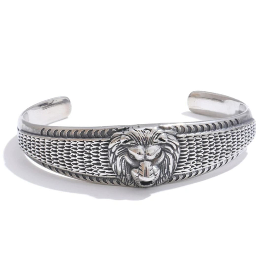 pulsera masculina, joyería vintage, aço inoxidável, accesorios con león, moda clásica, pulsera abierta, regalo para hombres, joyas doradas

