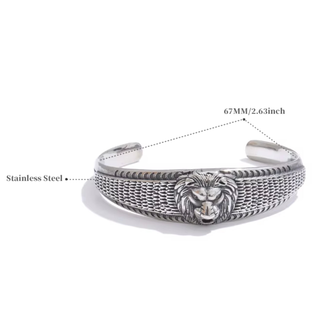 pulsera masculina, joyería vintage, aço inoxidável, accesorios con león, moda clásica, pulsera abierta, regalo para hombres, joyas doradas

