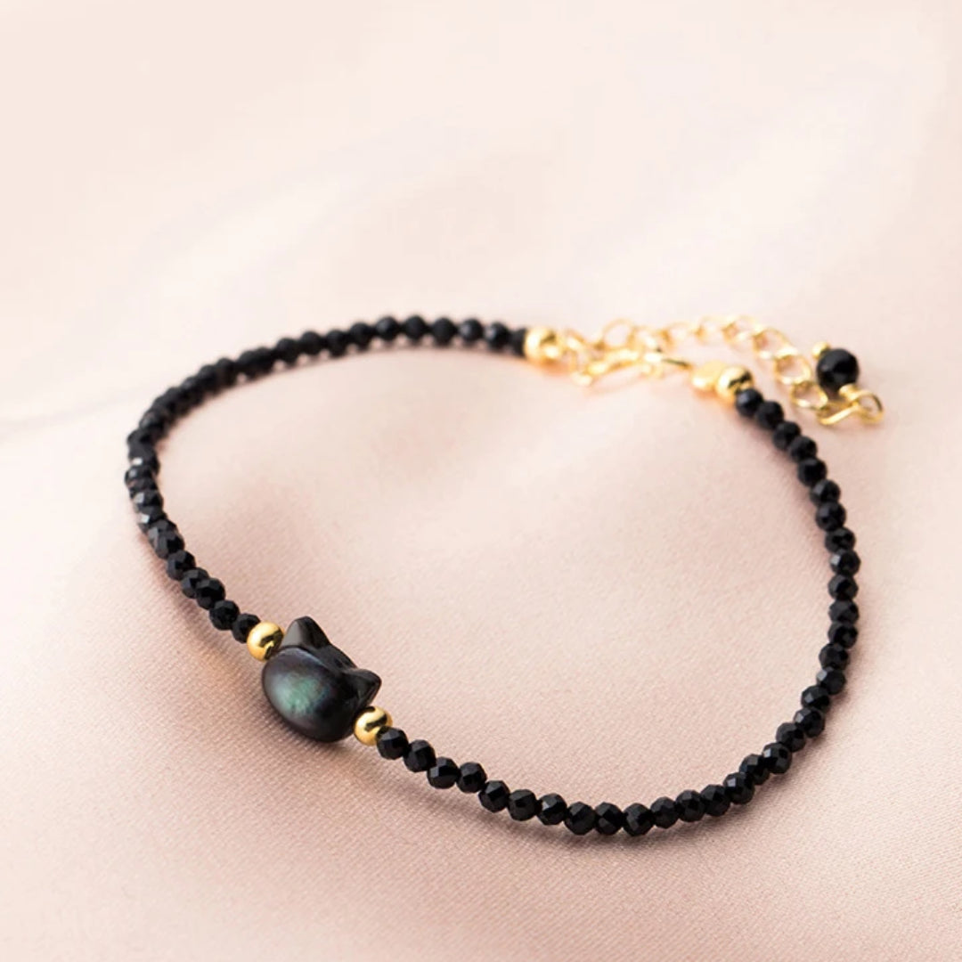 pulsera de plata 925, pulsera vintage, pulsera de gato, pulsera de cristal negro, pulsera de fiesta, joyería para mujer, pulsera de eslabones, regalos para mujer