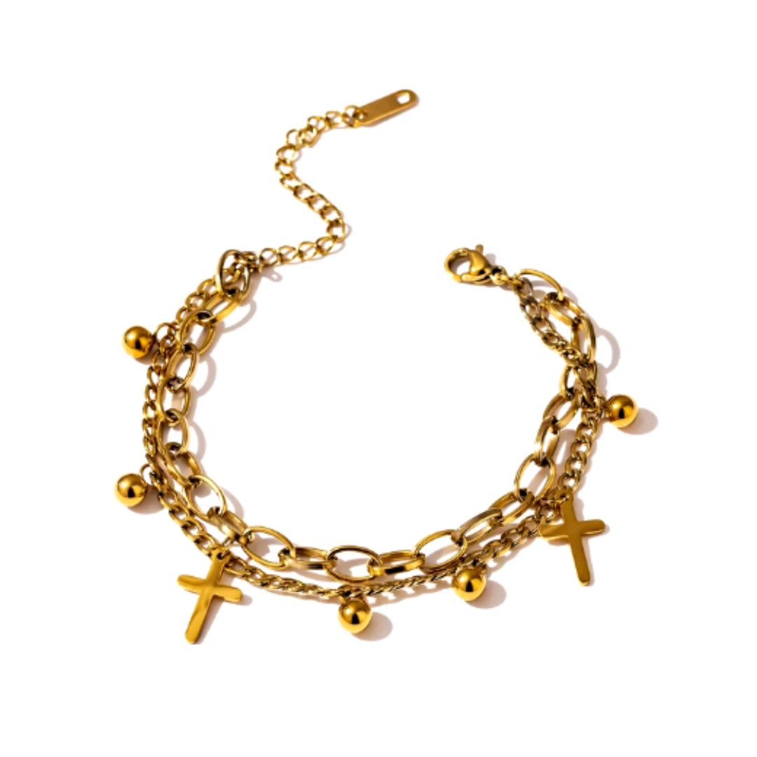 pulsera charm de cruz, acero inoxidable, pulsera 14K, joyería bañada en oro, pulsera moderna, pulsera ajustable, joyería de moda, accesorios femeninos, pulsera geométrica, moda elegante