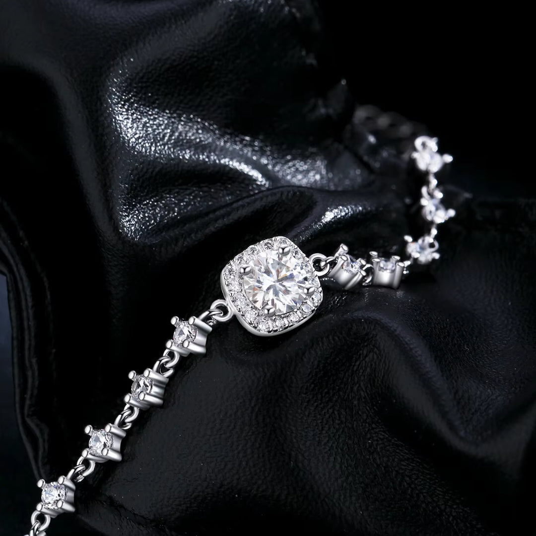 pulsera de moissanita, plata 925, joyería de novia, Lux Stella, alternativa al diamante, pulsera halo, joyas de lujo, regalos para bodas, moissanita color D