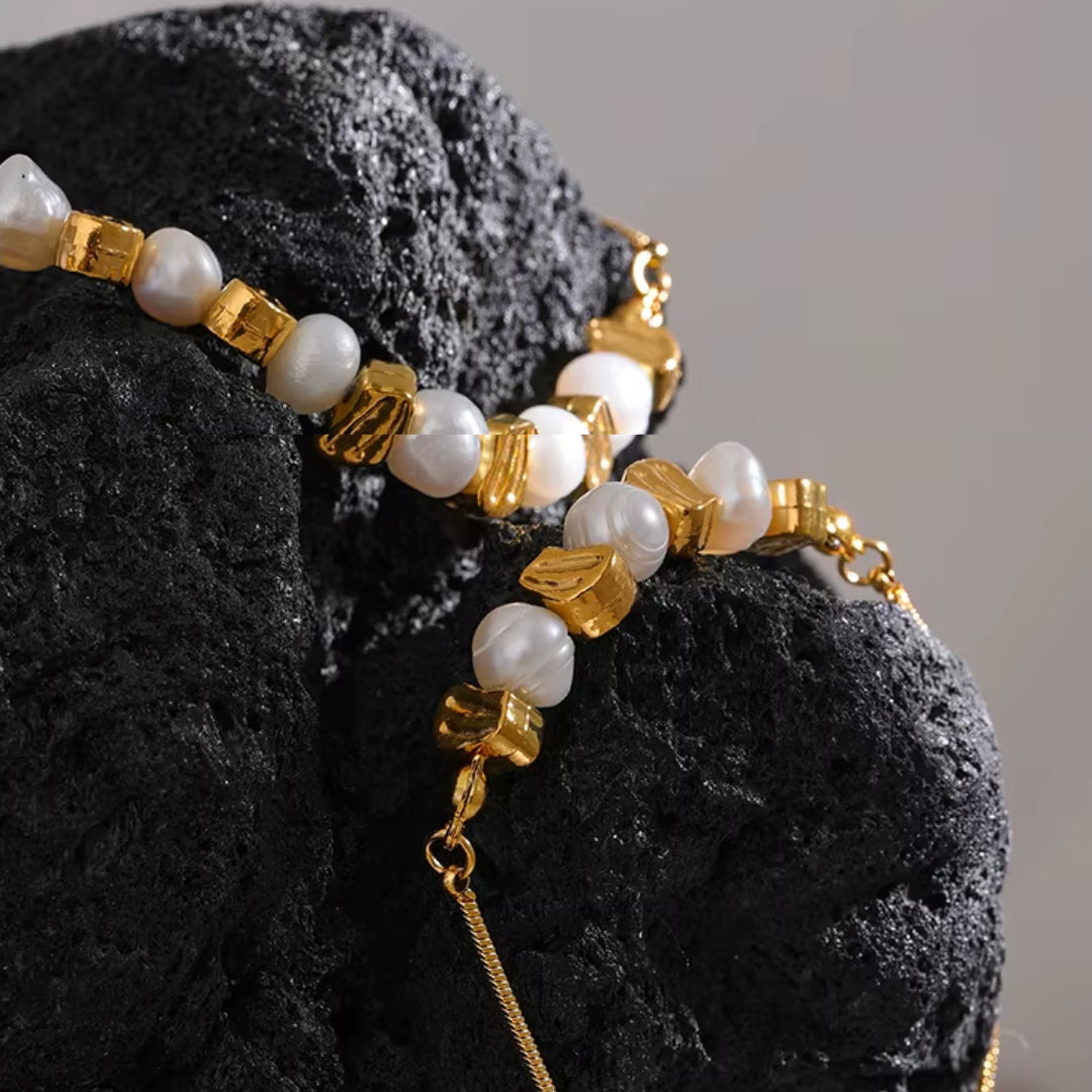 set collar y pulsera, perlas naturales, oro 18k, Línea Marina, joyería artesanal, acero inoxidable, estilo vintage, regalos para mujer, accesorios ajustables