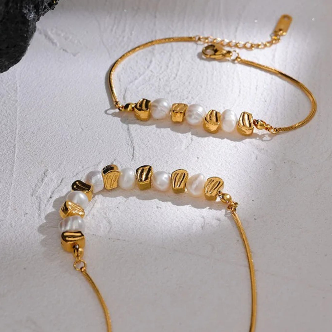 set collar y pulsera, perlas naturales, oro 18k, Línea Marina, joyería artesanal, acero inoxidable, estilo vintage, regalos para mujer, accesorios ajustables
