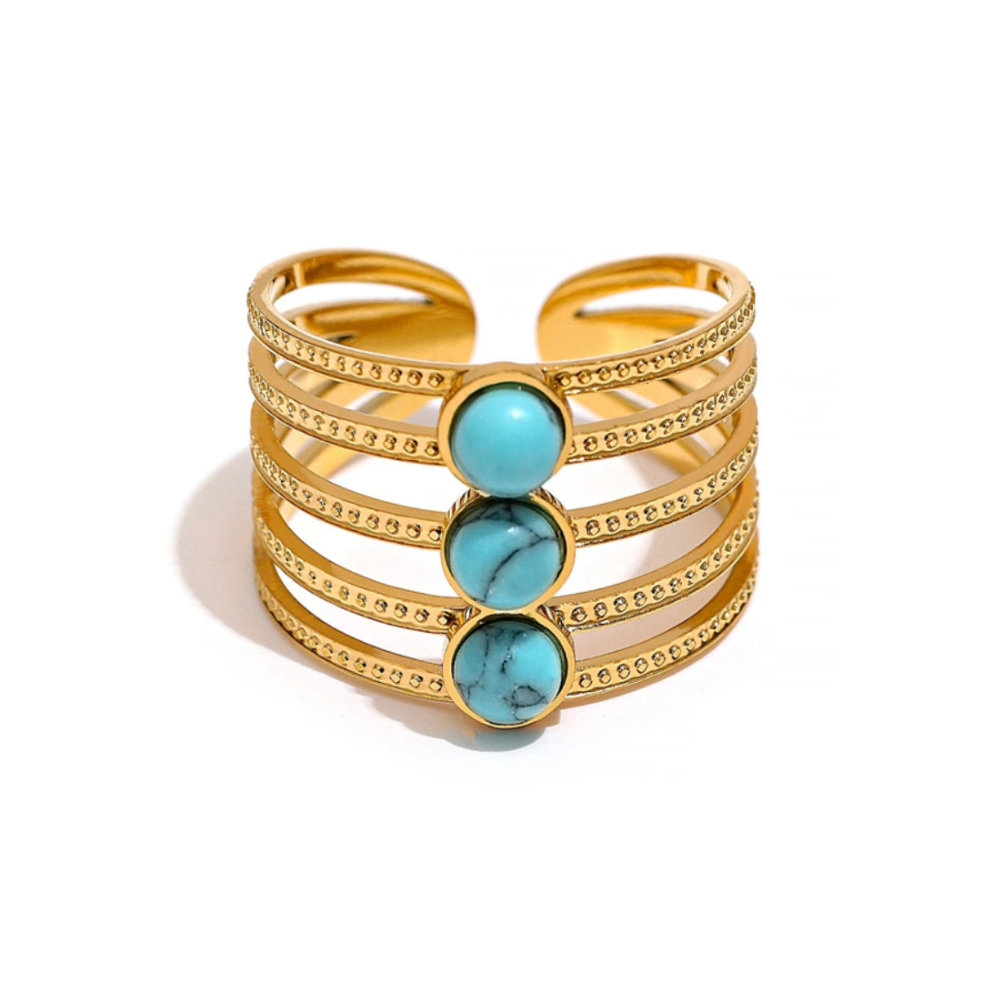 anillo turquesa divina, anillo abierto acero inoxidable, anillo piedra natural, anillo oro PVD, joyería moderna femenina, accesorios de moda, anillo ajustable para mujeres, joyería elegante y asequible, Lenora Jewelry, anillo con turquesa