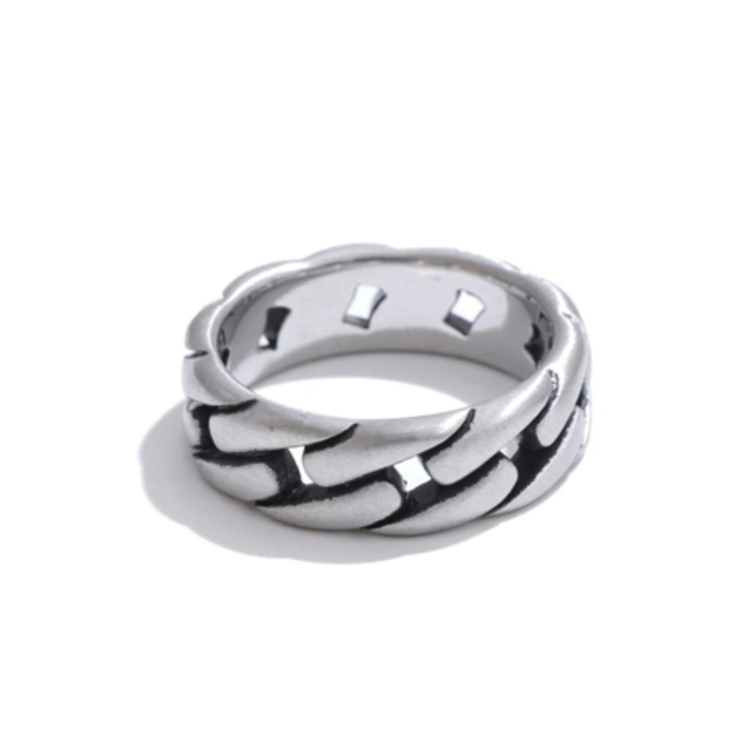 anillo unisex, joyería minimalista, aço inoxidável, diseño geométrico, accesorios urbanos, moda masculina, regalo moderno, textura industrial