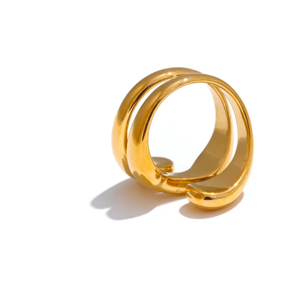 anillo dorado, anillo irregular, acero inoxidable, joyería moderna, anillo elegante, anillos para mujeres, accesorios de moda
