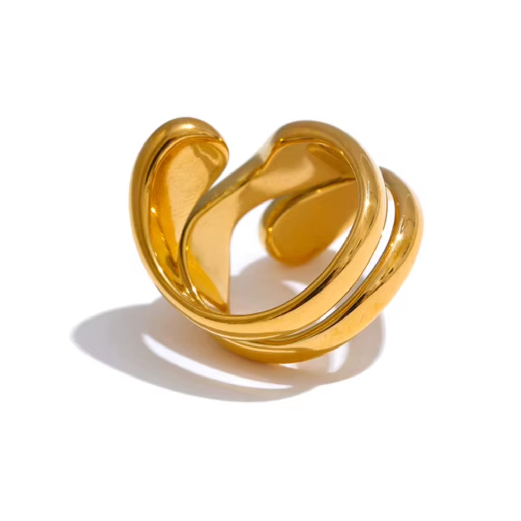 anillo dorado, anillo irregular, acero inoxidable, joyería moderna, anillo elegante, anillos para mujeres, accesorios de moda