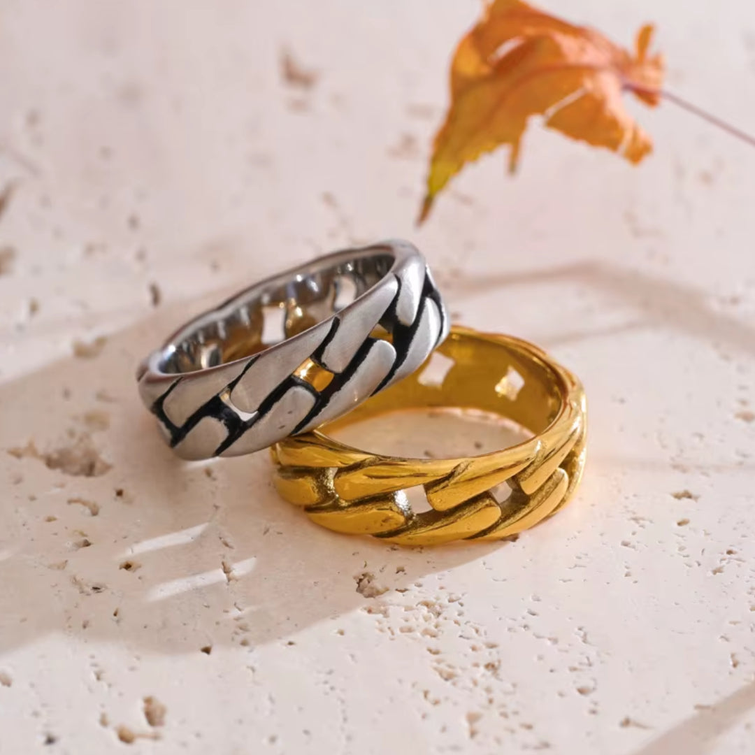 anillo unisex, joyería minimalista, aço inoxidável, diseño geométrico, accesorios urbanos, moda masculina, regalo moderno, textura industrial