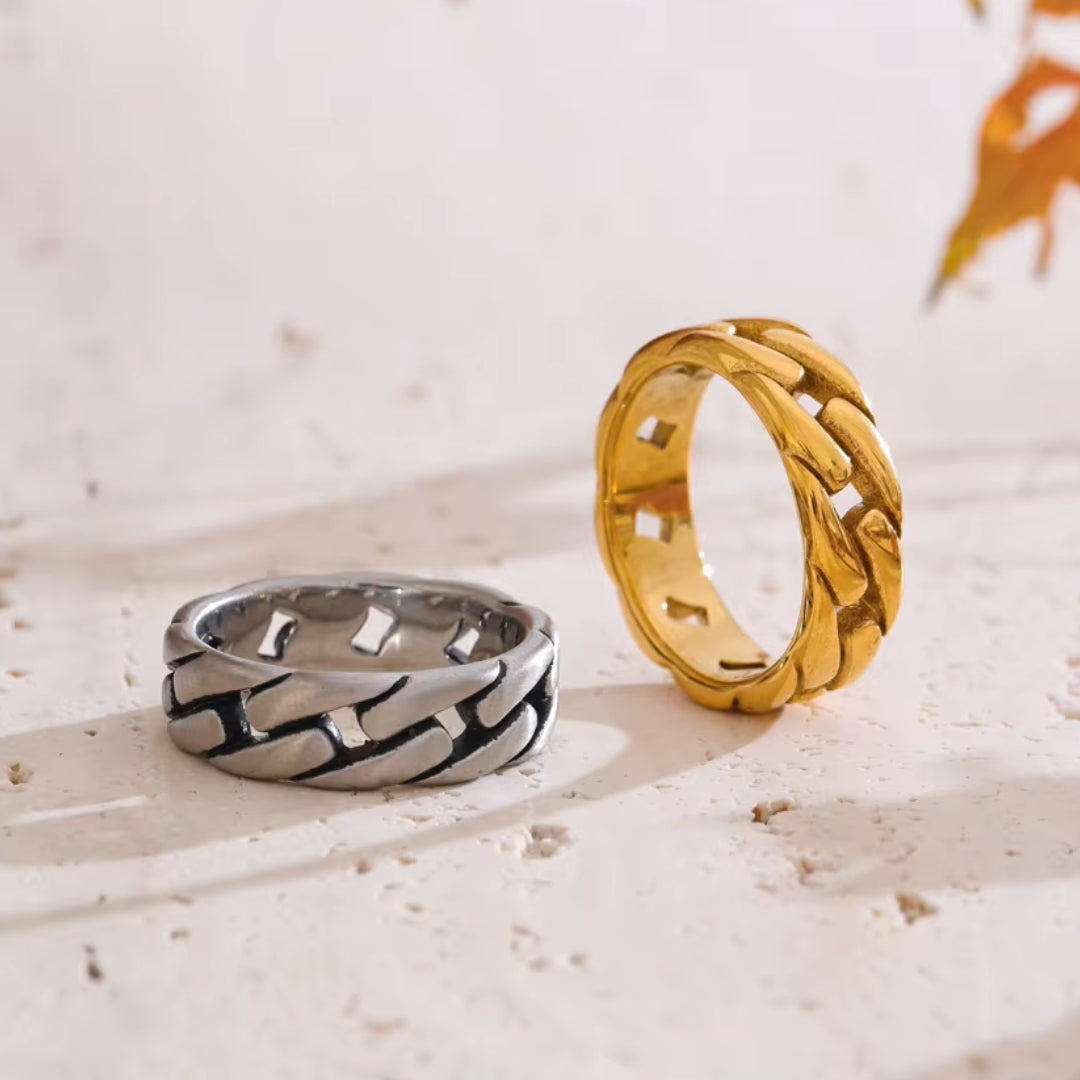 anillo unisex, joyería minimalista, aço inoxidável, diseño geométrico, accesorios urbanos, moda masculina, regalo moderno, textura industrial