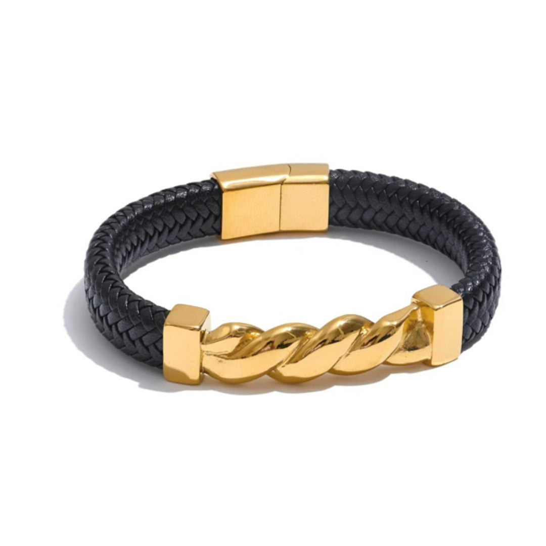 <img src="https://lenorajewelry.com/pulsera-masterweave-65.jpg" alt="Pulsera MasterWeave 65 de cuero trenzado y acero inoxidable" />