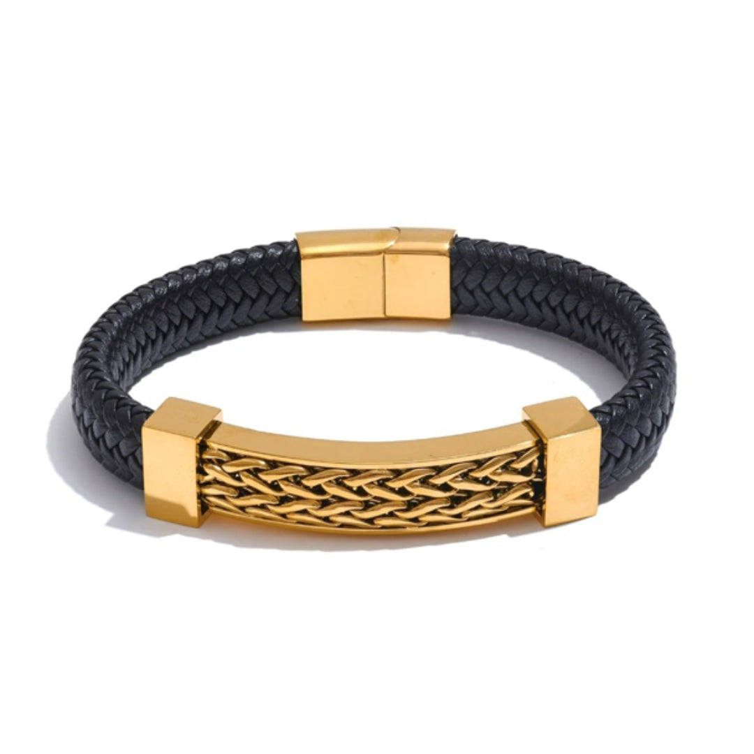 <img src="https://lenorajewelry.com/pulsera-titangold-70.jpg" alt="Pulsera TitanGold 70 de cuero y acero inoxidable" />