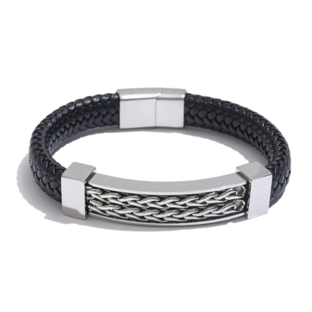 <img src="https://lenorajewelry.com/pulsera-titangold-70.jpg" alt="Pulsera TitanGold 70 de cuero y acero inoxidable" />